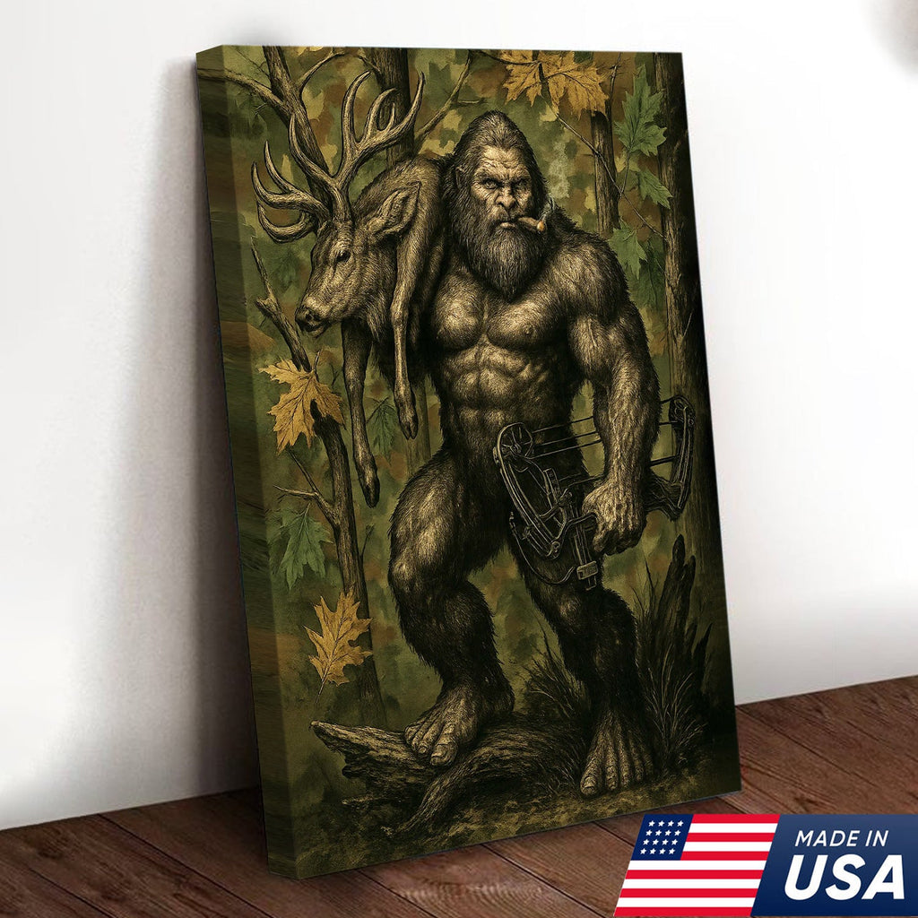 Bigfoot Hunter Canvas Wall Art, Mythical Sasquatch Bowhunting Deer Artwork