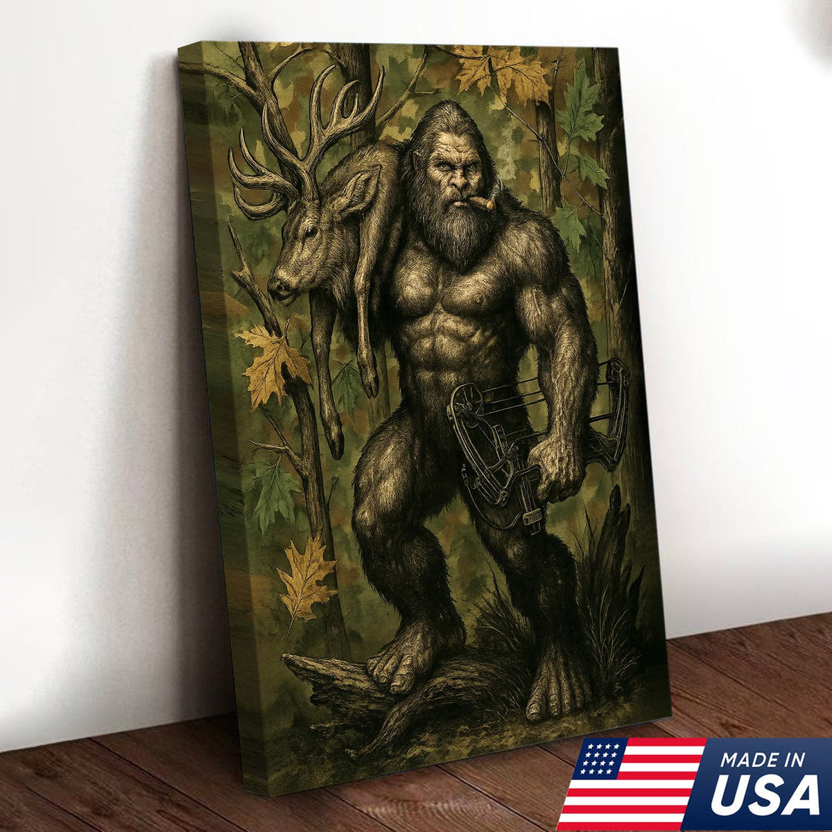 Bigfoot Hunter Canvas Wall Art, Mythical Sasquatch Bowhunting Deer Artwork