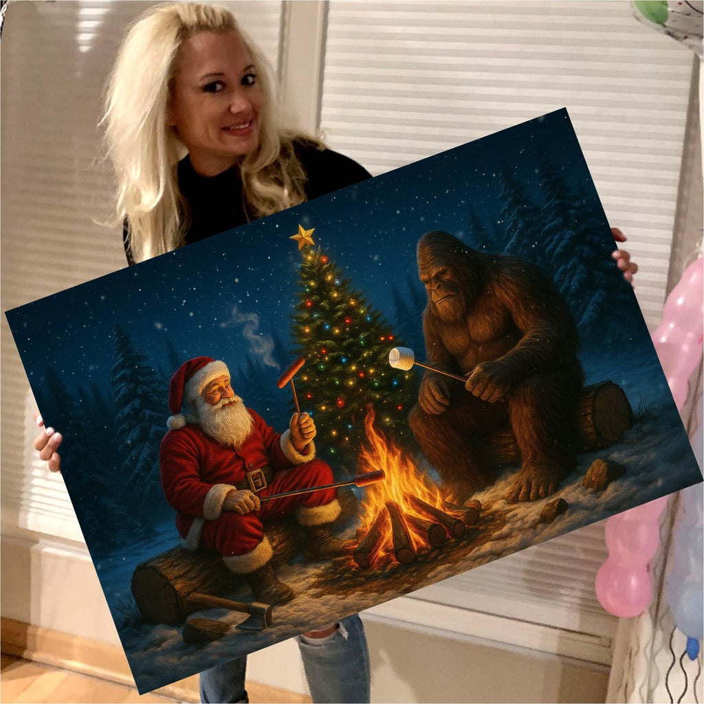 Santa & Bigfoot Sasquatch Campfire Christmas Canvas Wall Art, Funny Winter Forest Scene