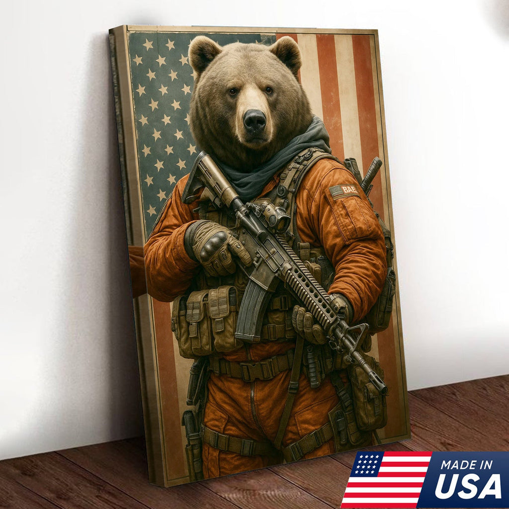 Patriotic Bear Soldier Wall Art Canvas, Tactical Military Animal with American Flag