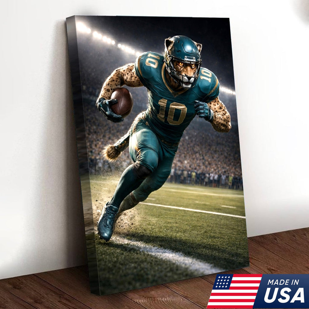 Fierce Cheetah Football Canvas Wall Art – Speed Hunter Athlete Stadium Action Print