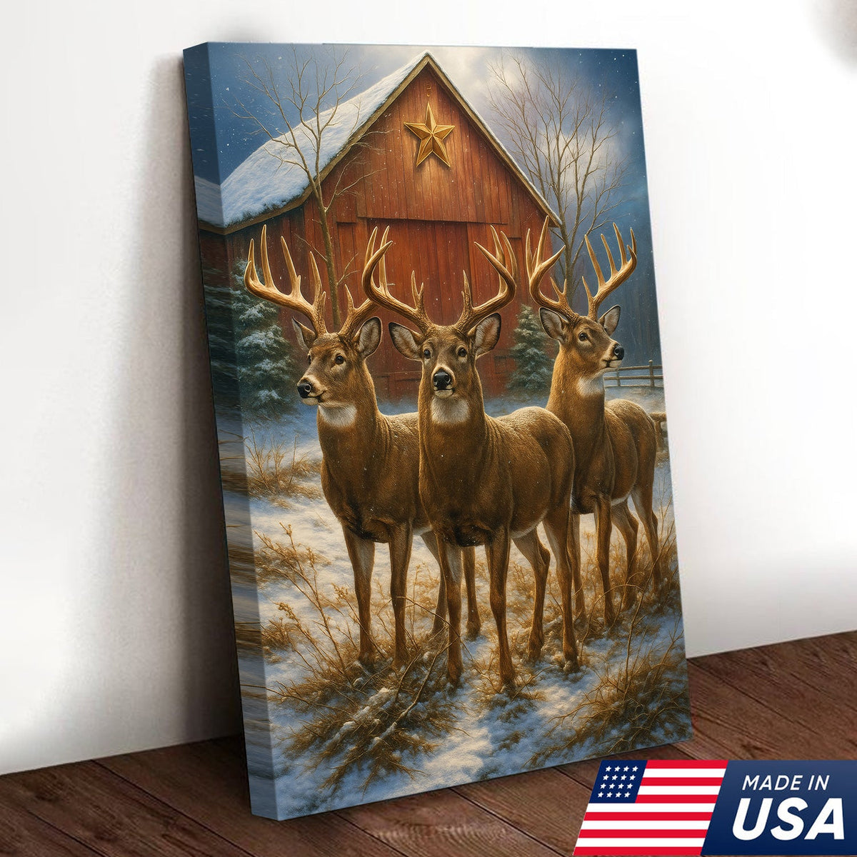 Deer Trio Winter Barn Canvas – Rustic Wildlife Wall Art Gift for Hunters, Nature & Christmas Lovers