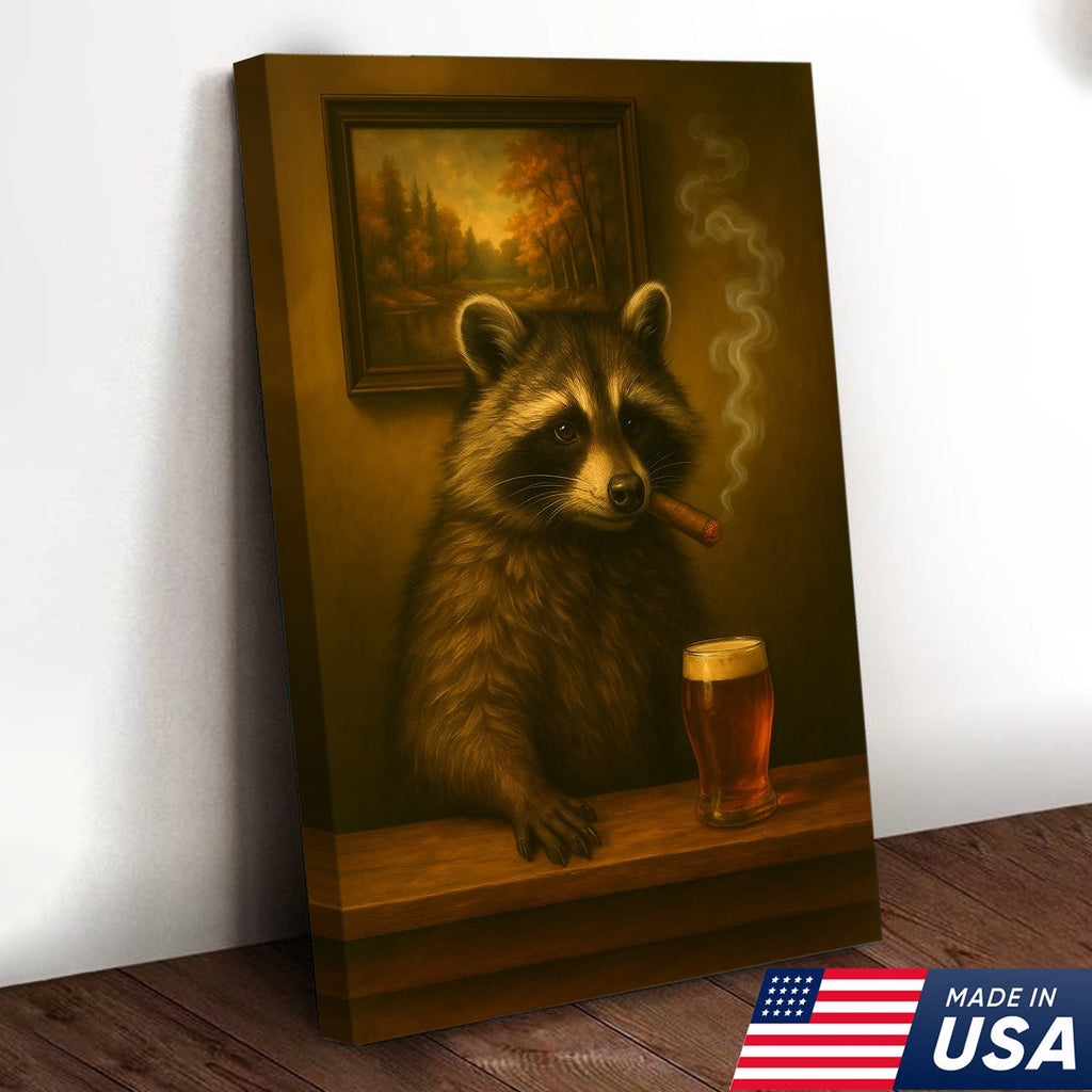 Funny Raccoon Bar Canvas Wall Art – Rustic Lodge Man Cave Décor with Beer & Smoking Humor