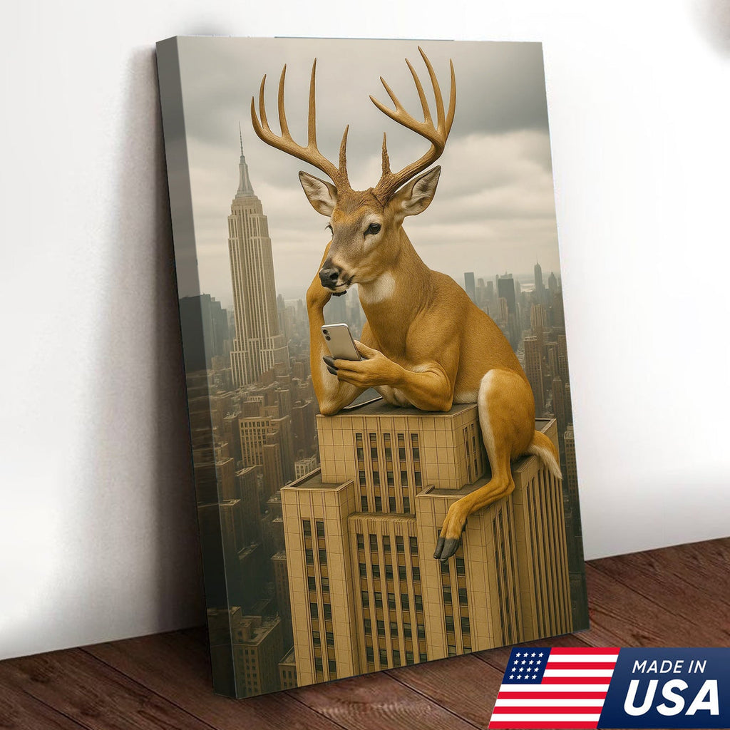 Funny Deer City Canvas Wall Art — Whitetail Buck on Skyscraper Using Phone, Surreal Urban Wildlife Artwork