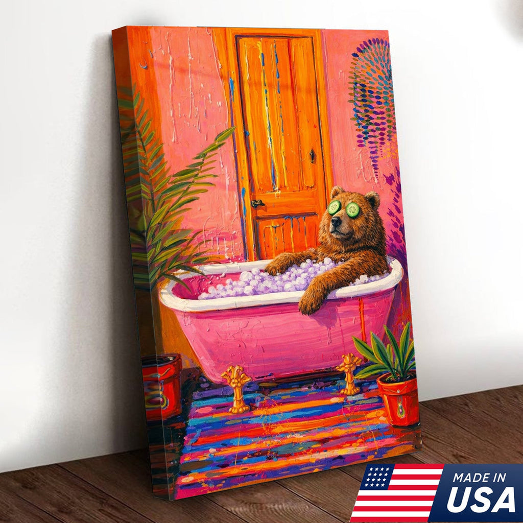 Funny Bear Bath Canvas Wall Art – Colorful Animal Bathroom Decor