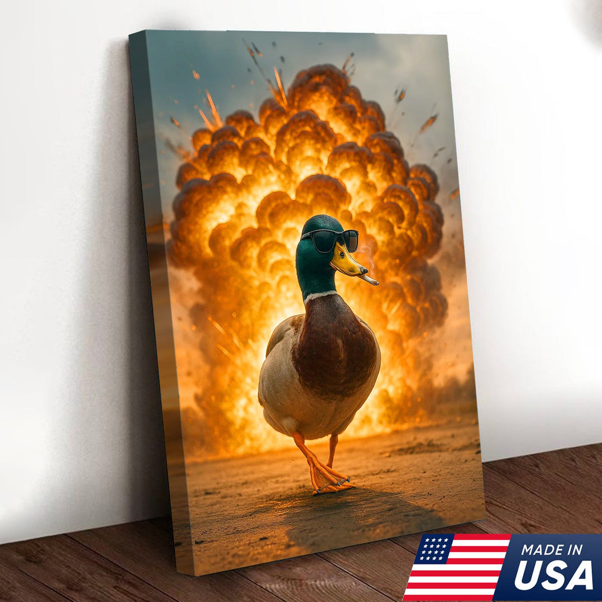 Cool Duck Walking from Explosion Canvas Wall Art, Funny Action Movie Style Decor for Man Cave