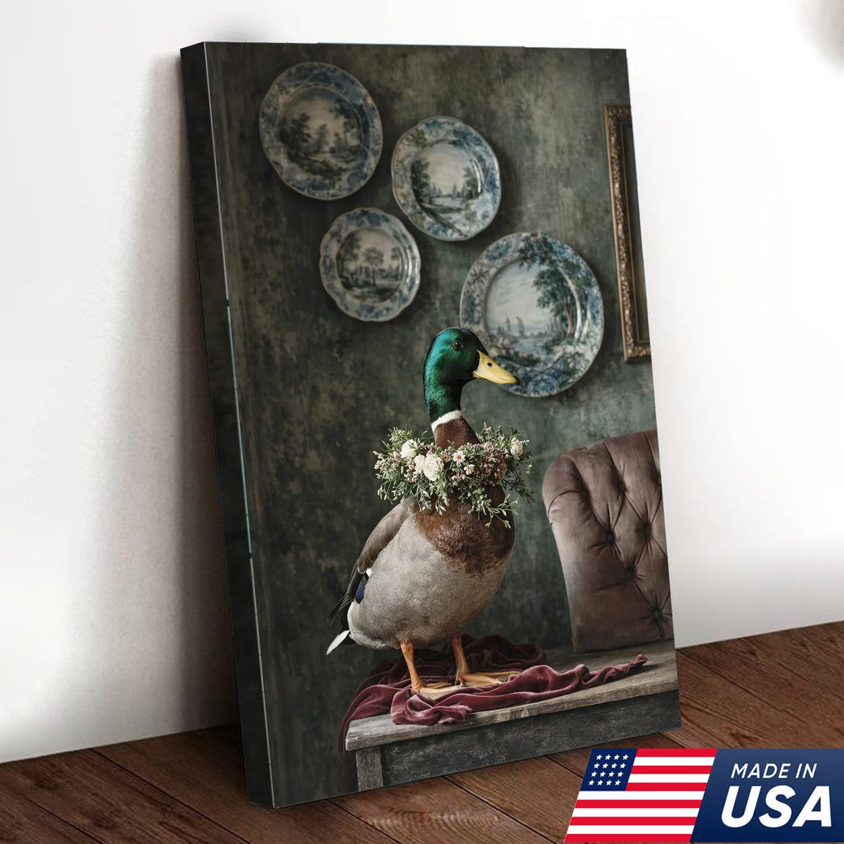 Vintage Duck Portrait Canvas Wall Art, Elegant Mallard with Floral Collar