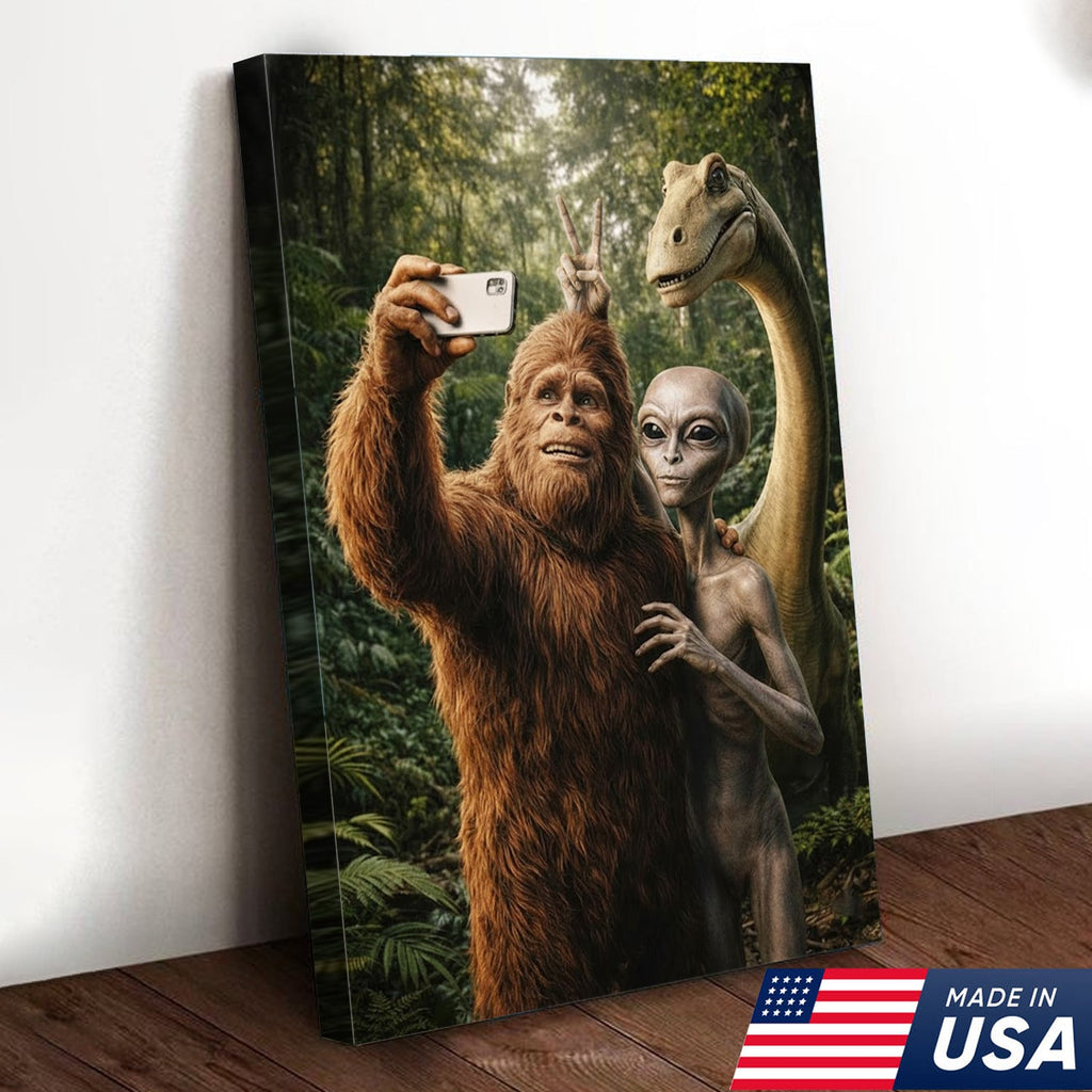 Funny Bigfoot Alien Dinosaur Selfie Canvas Wall Art, Whimsical Fantasy Creature Humor Print