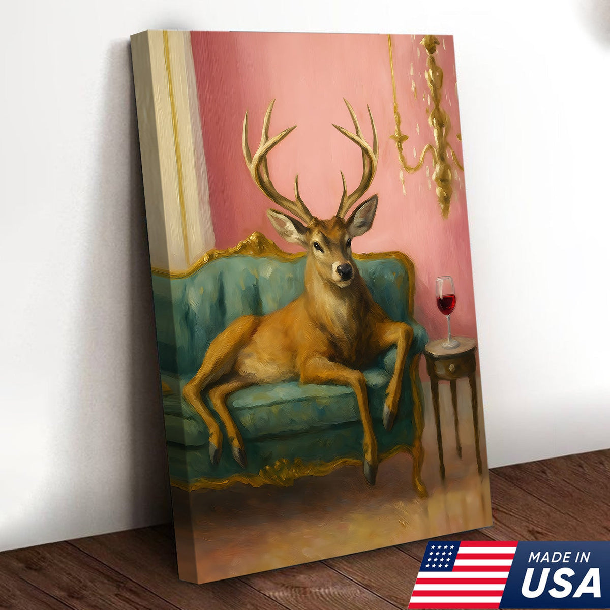 Funny Deer Chill On The Sofa Canvas Wall Art – Elegant Deer Drinking Wine Canvas