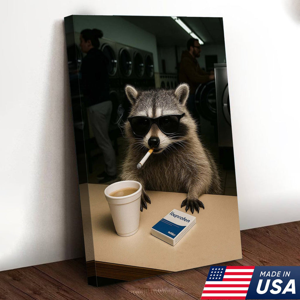 Cool Raccoon Laundromat Canvas Wall Art, Funny Coffee Drinking Raccoon Print