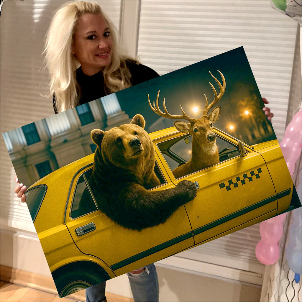 Bear & Deer Riding Yellow Taxi Canvas Wall Art, Funny Wildlife Driving Picture for Game Room & Cabin