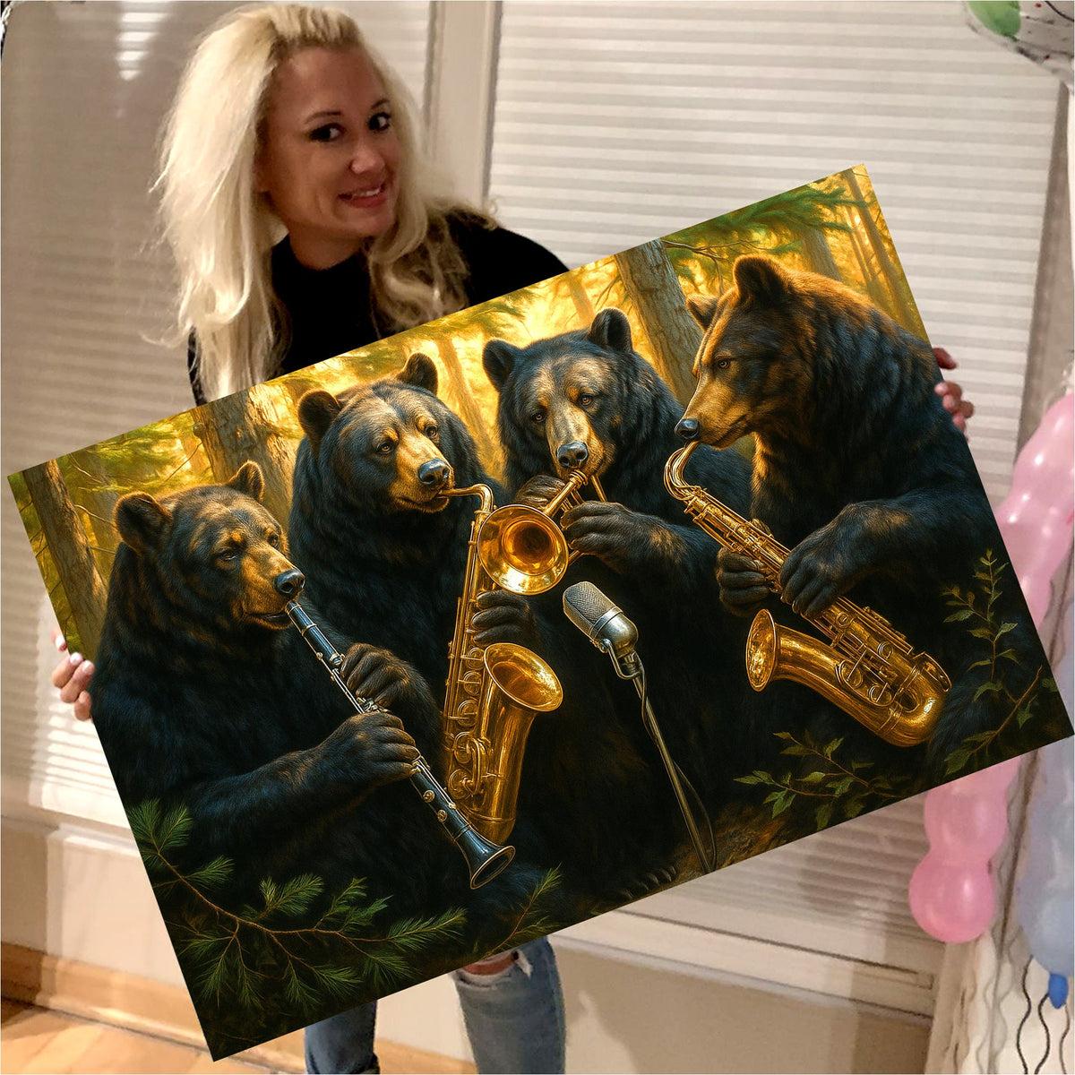 Funny Bear Band Canvas – Rustic Cabin Wall Art Gift for Hunters, Musicians & Nature Lovers