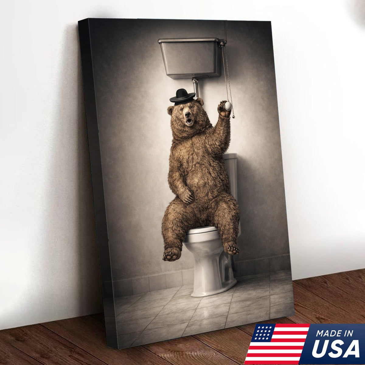 Funny Bear Bathroom Canvas Wall Art – Bear On Toilet Painting