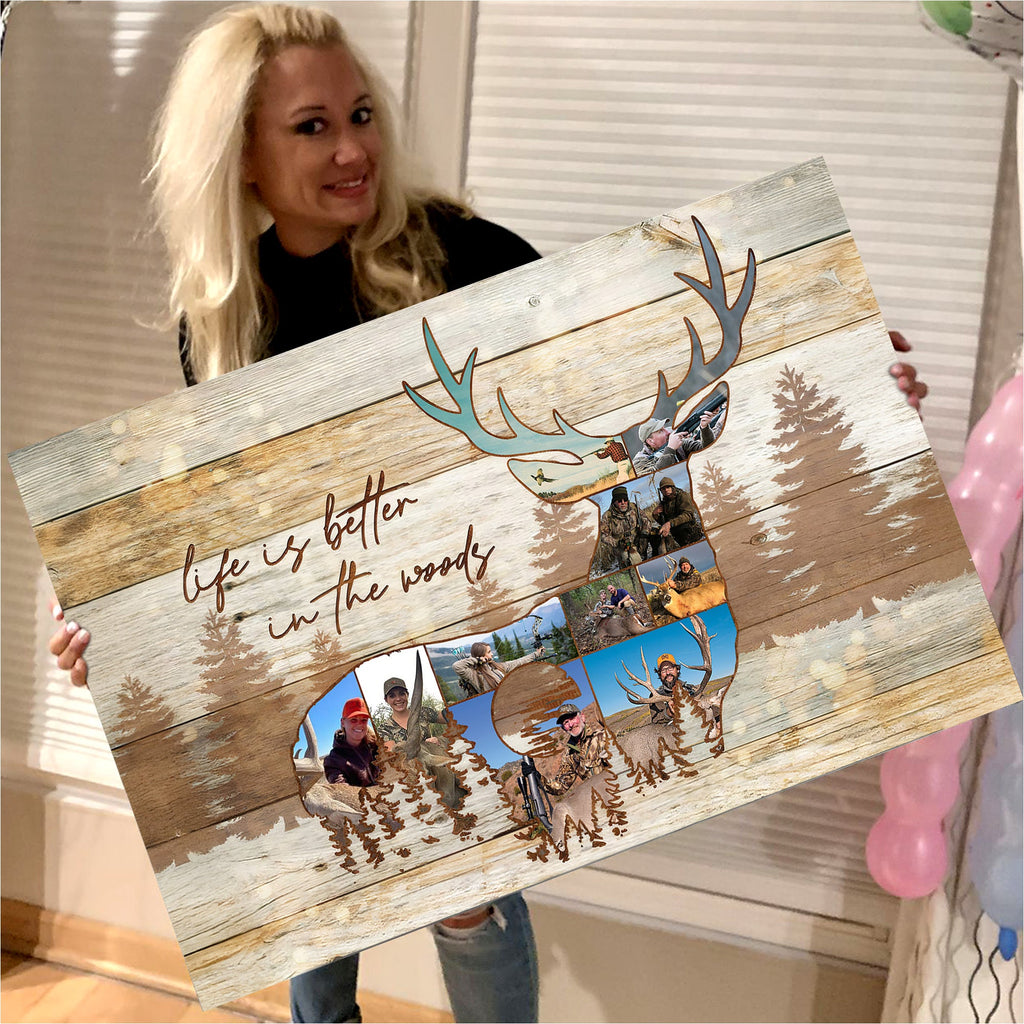 Custom Hunting Photo Collage Canvas – “Life Is Better in the Woods” Rustic Deer Wall Art