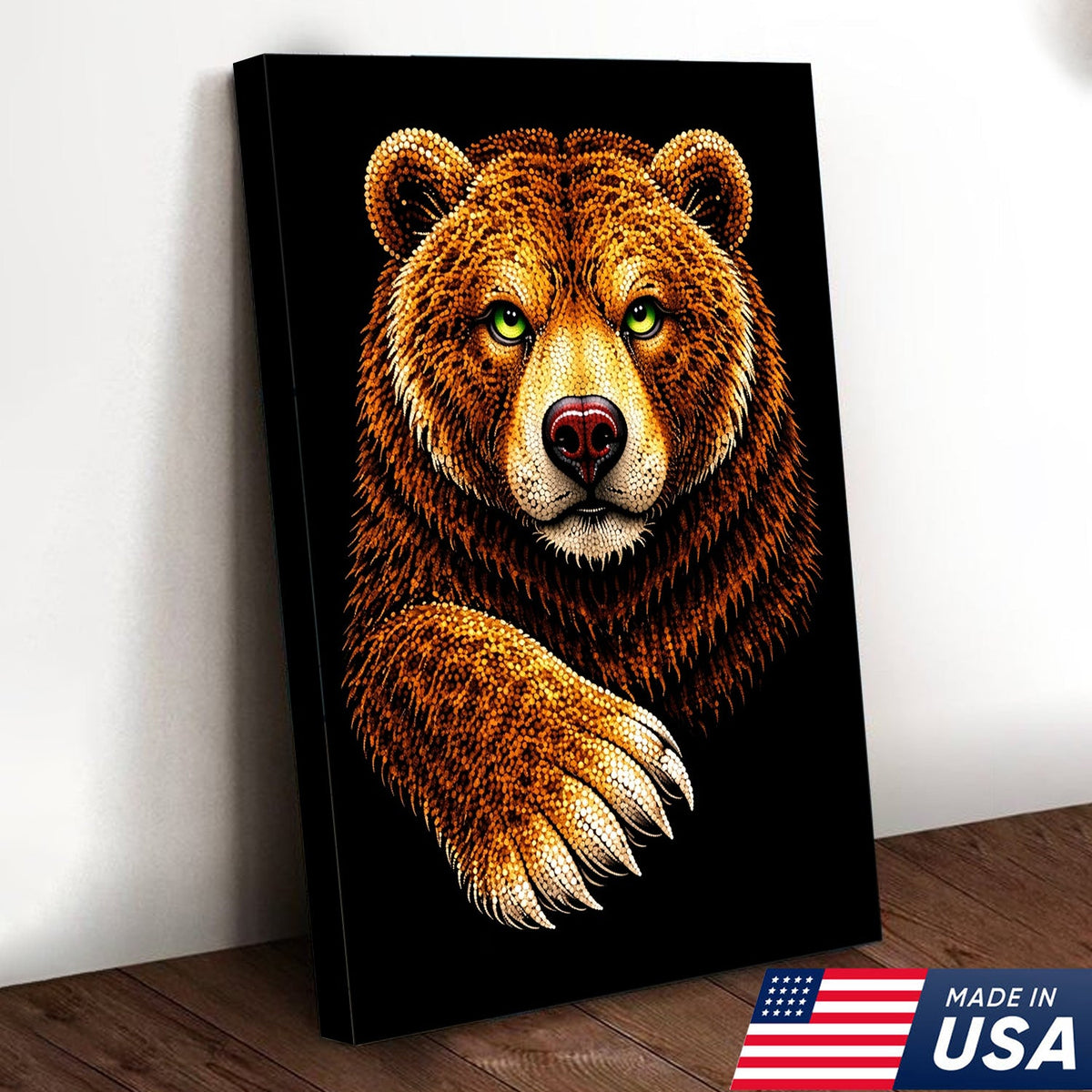 Golden Bear Portrait Canvas Wall Art – Majestic Wildlife Animal Print with Black Background