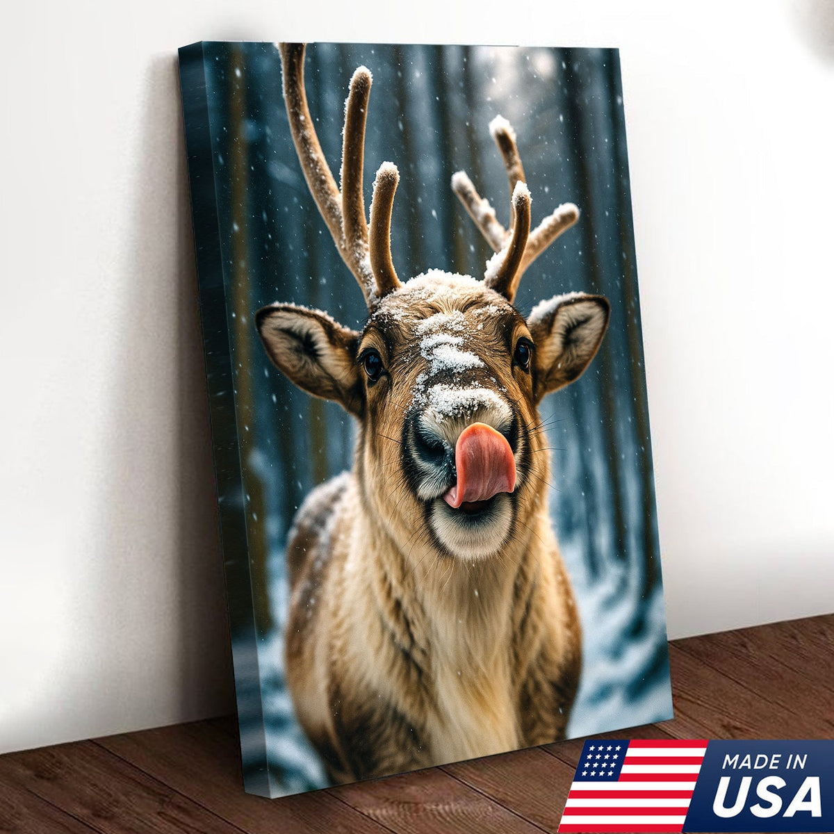 Winter Reindeer Portrait Canvas – Rustic Forest Wall Art for Cabin & Lodge Decor