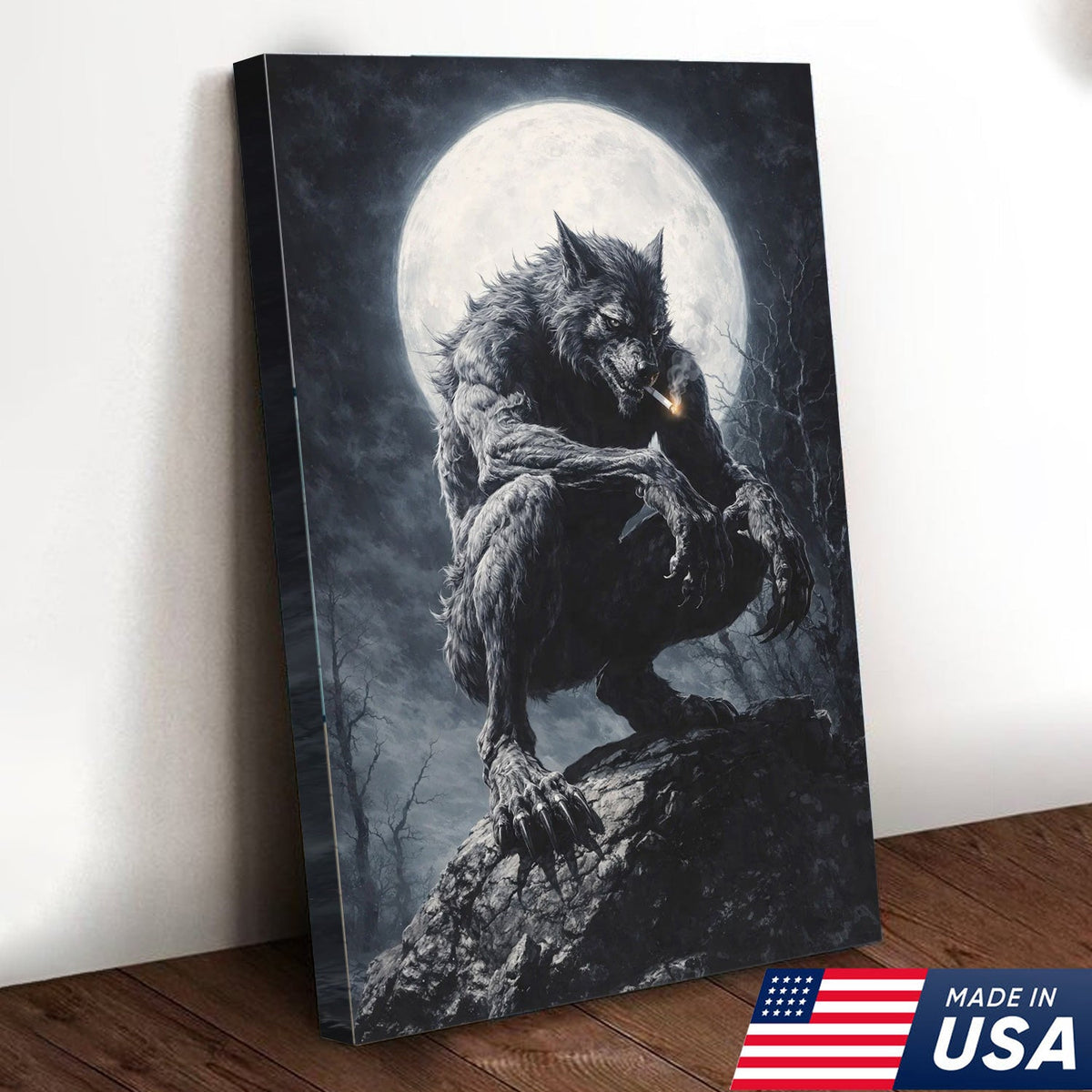 Dark Werewolf Moon Canvas Wall Art, Gothic Fantasy Wolf Illustration