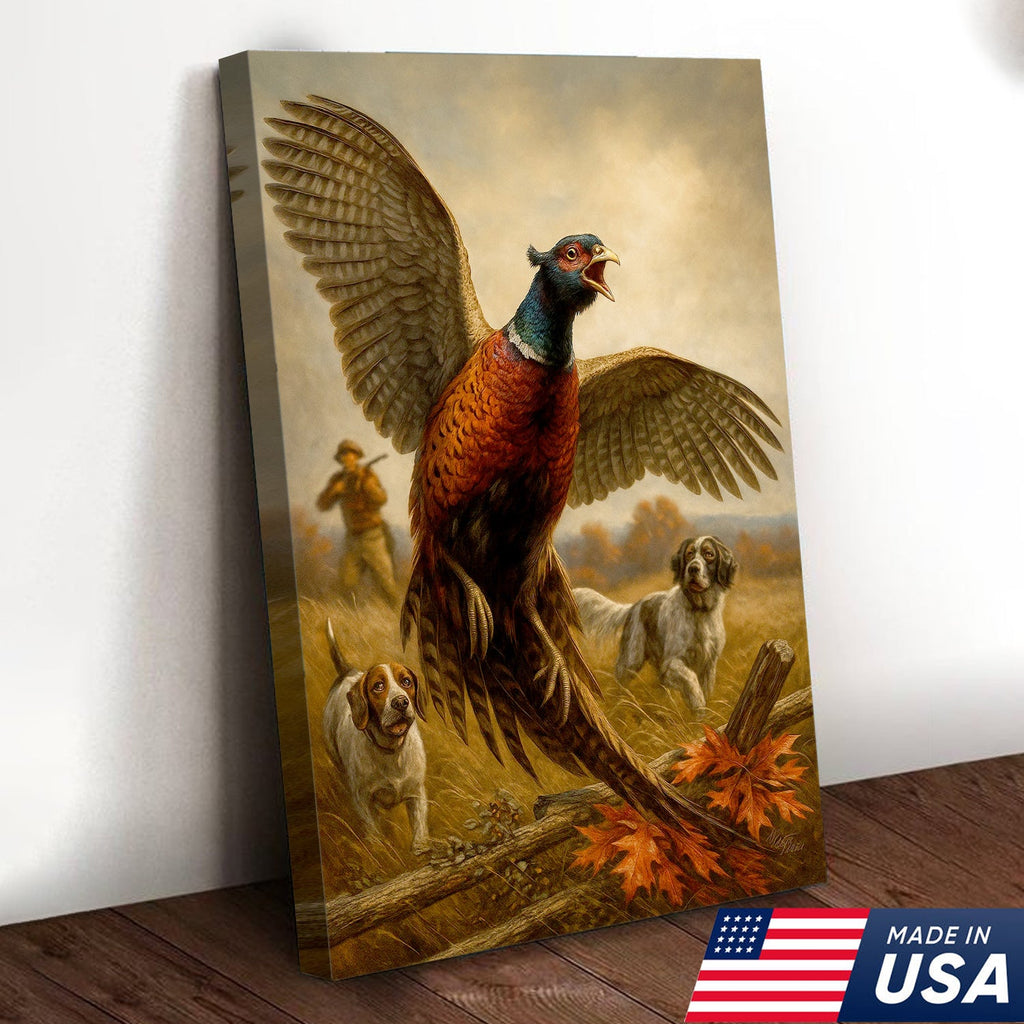 Pheasant Hunting Canvas – Flushing Bird with Pointing Dogs, Cabin & Man Cave Wall Art