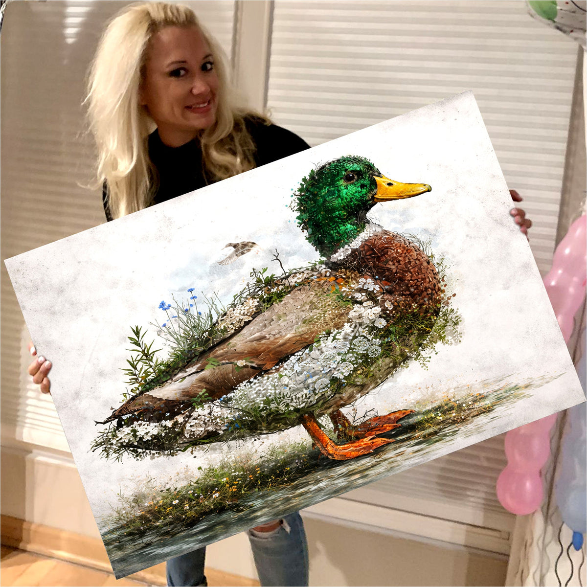 Mallard Duck Floral Nature Canvas Wall Art, Artistic Wildlife Bird Illustration