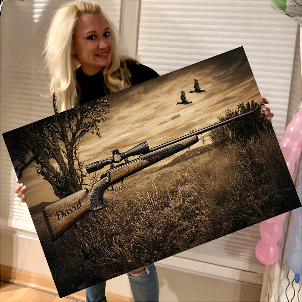Personalized Hunting Rifle Canvas Wall Art, Custom Name Engraved Gun Artwork