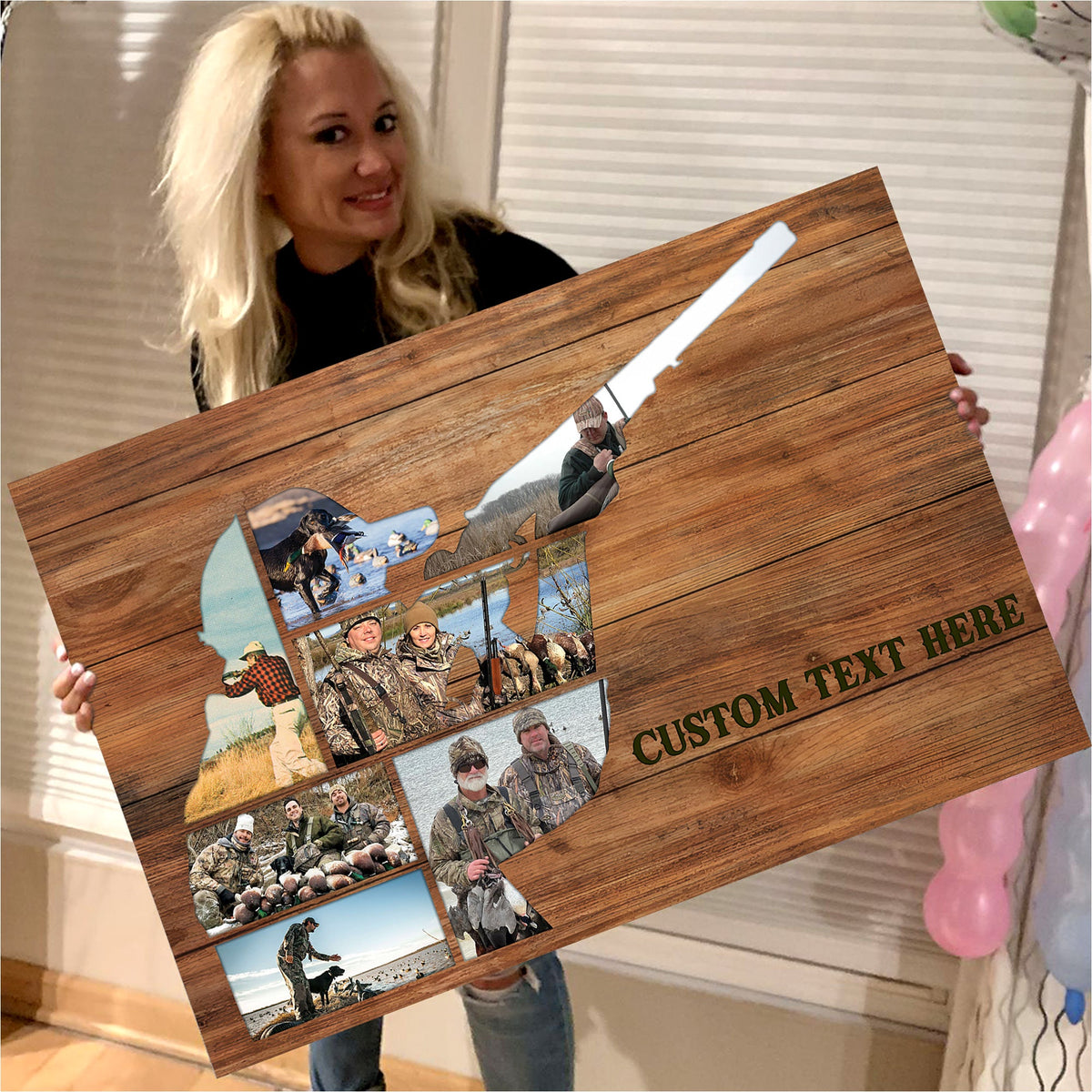 Custom Photo Hunting Collage Canvas, Hunter Silhouette on Rustic Wood, Personalized Camo Gift Wall Art