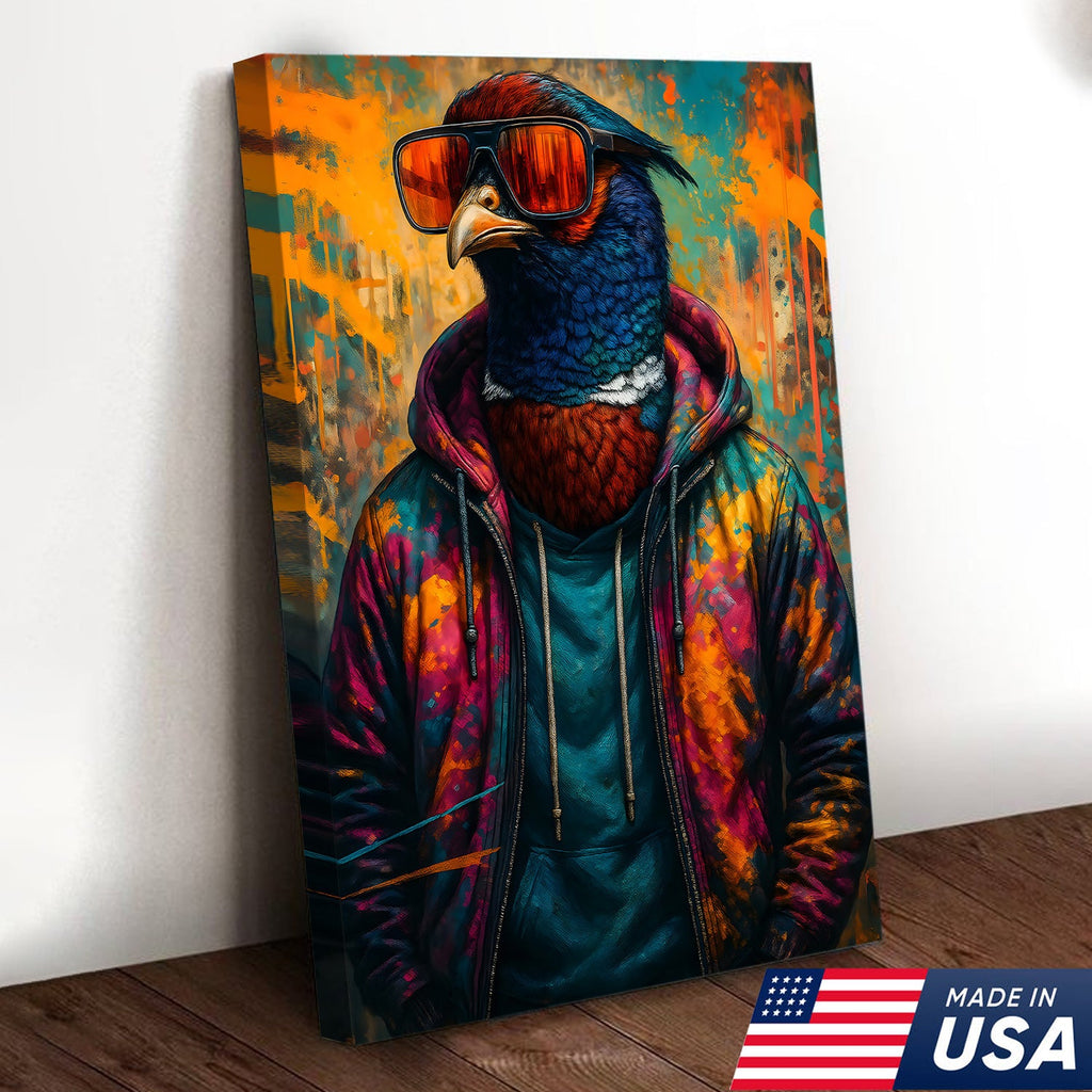 Cool Pheasant Wall Art – Hipster Bird in Hoodie Canvas Print, Urban Street Style Home Decor Gift