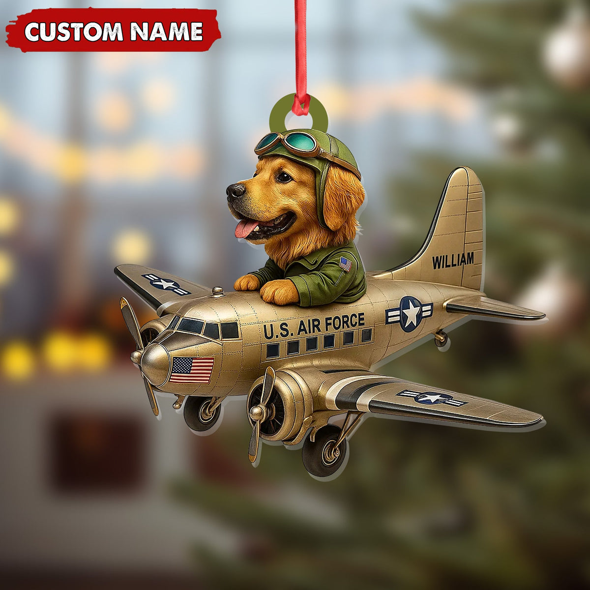 Personalized Dog Pilot Christmas Ornament, Custom Name U.S. Air Force Airplane, Military Dog Lover Tree Decor Gift