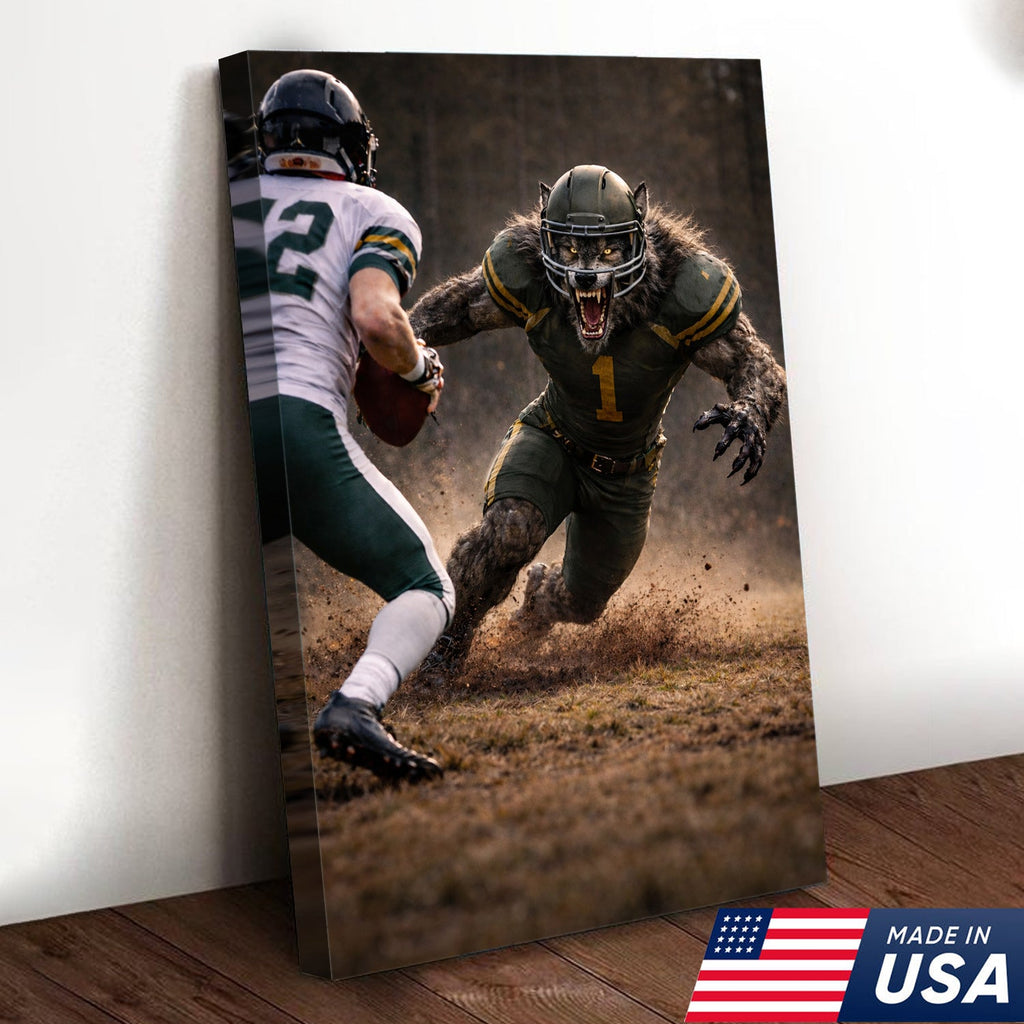 Fierce Wolf Football Canvas Wall Art – Intense Stadium Tackle Sports Print