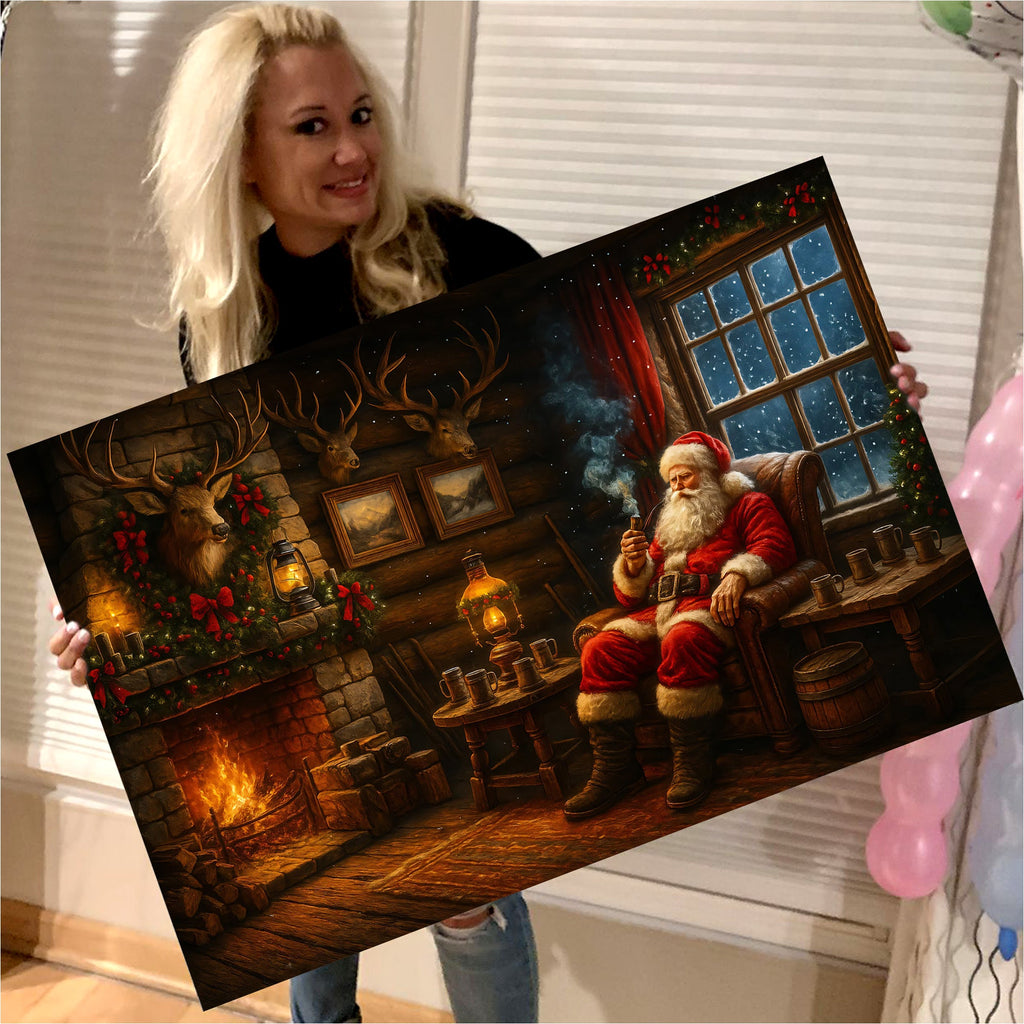 Christmas Santa Cabin Canvas Wall Art, Rustic Fireplace Holiday Decor