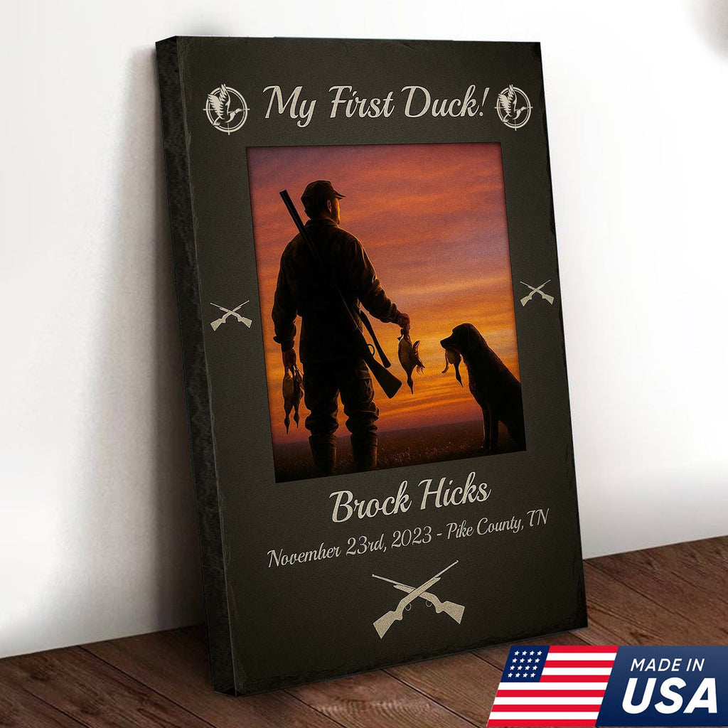 Custom My First Duck Wall Art Canvas, Personalized Duck Hunting Sunset with Dog