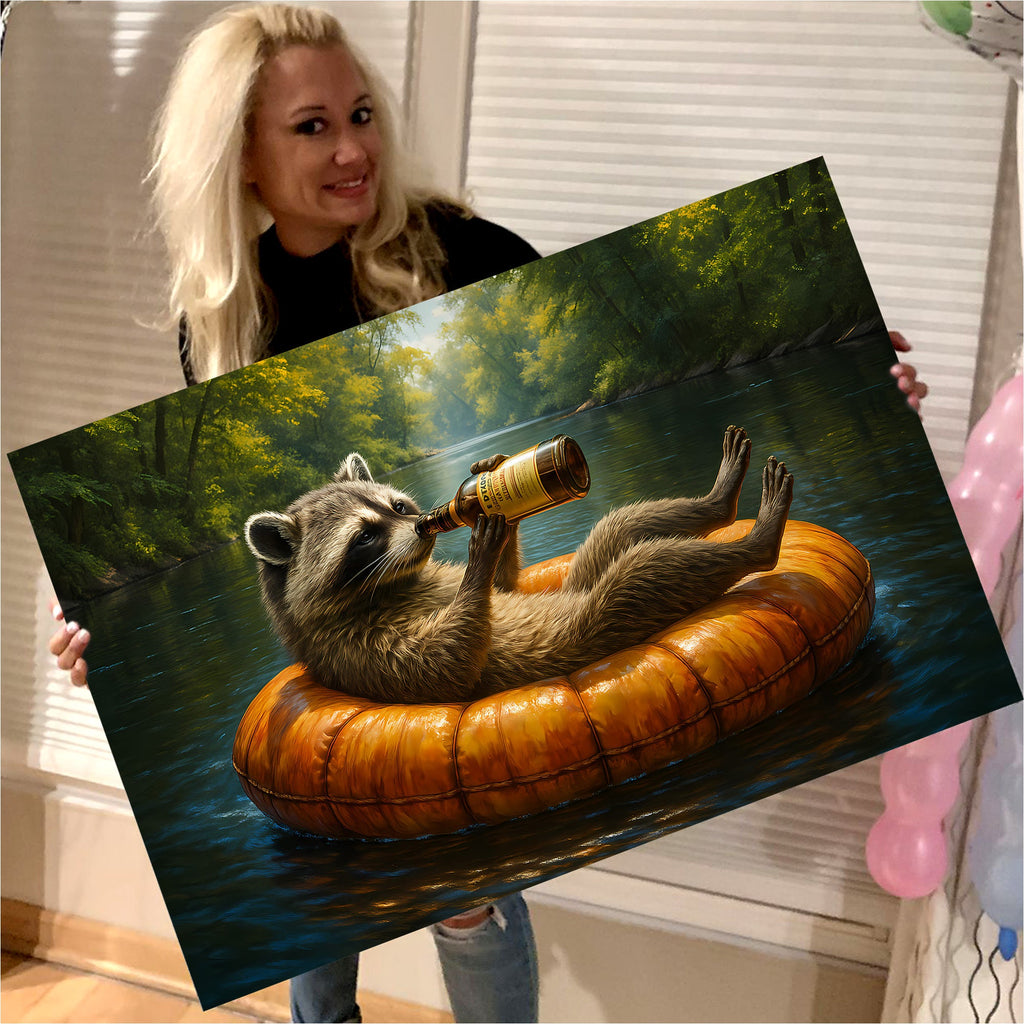 Funny Drunk Raccoon Canvas Wall Art – Chill Gift for Men, Husband, or Hunter, Rustic Cabin Decor