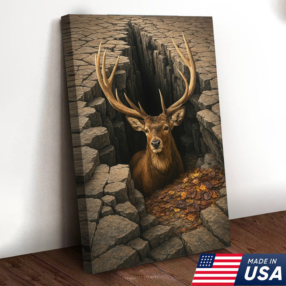 Epic Deer Canvas Art – Majestic Buck Emerging from Cracked Earth