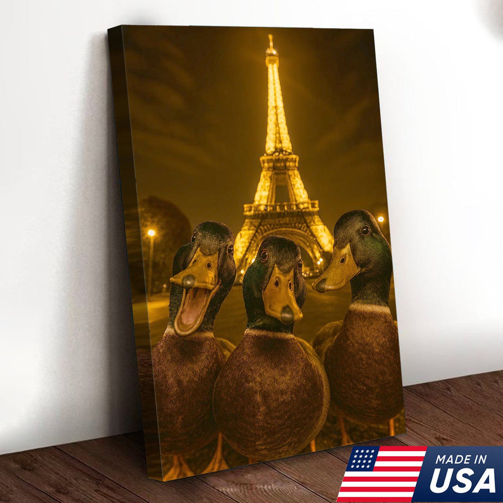 Paris Duck Selfie Canvas – Funny Three Ducks at Eiffel Tower, Hilarious Travel-Themed Wall Art