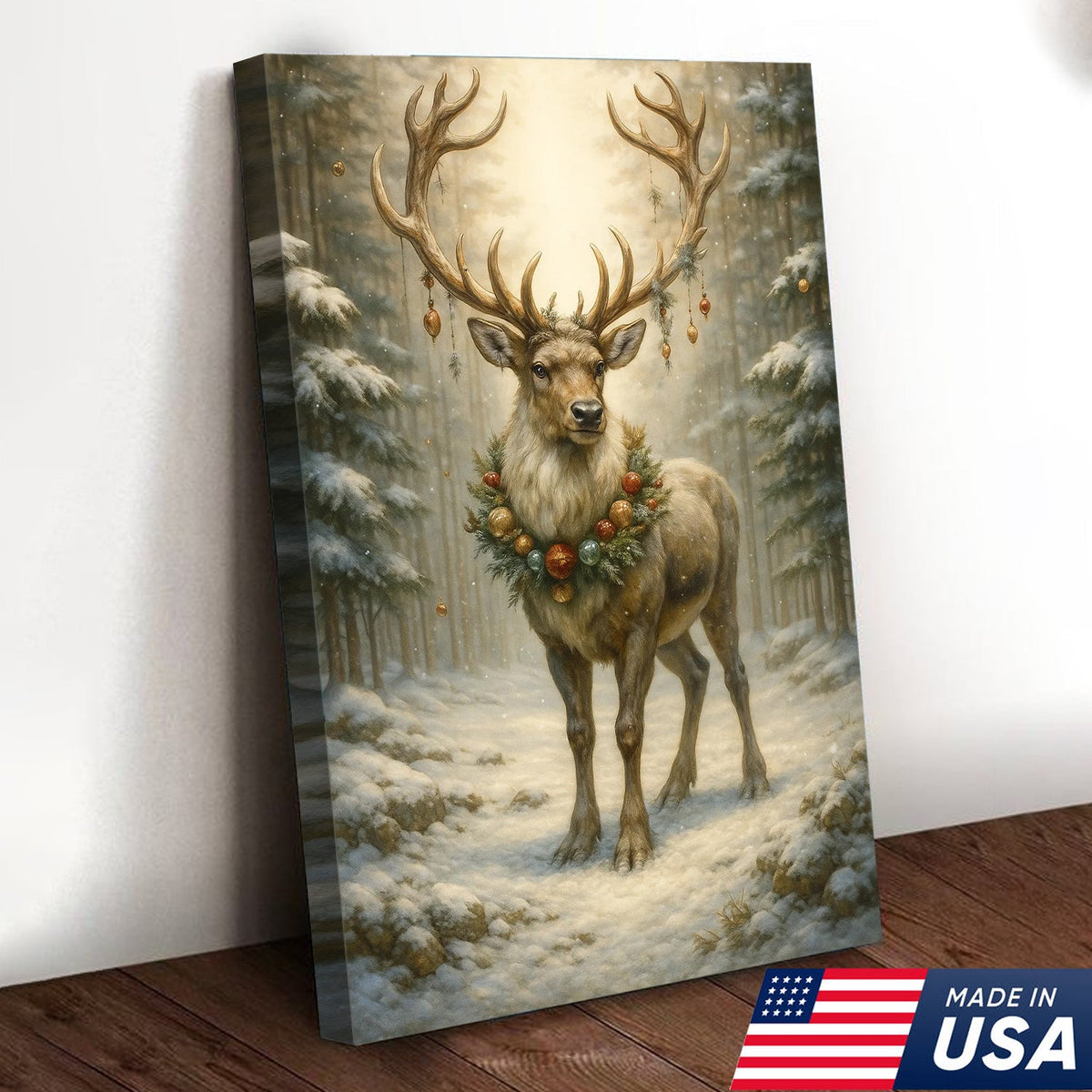 Christmas Reindeer Canvas Wall Art, Majestic Deer with Ornament Wreath in Snowy Forest