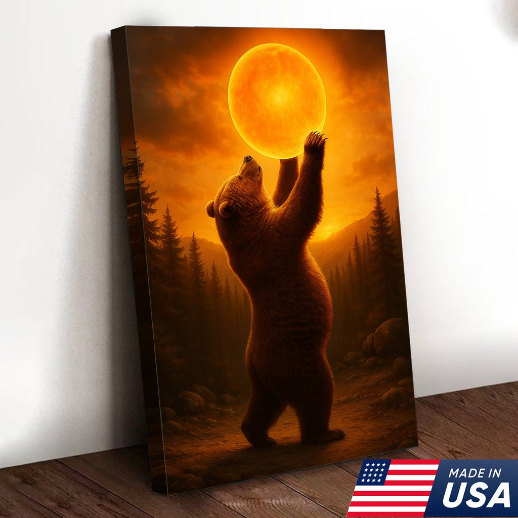 Bear Holding the Sun Canvas Art – Sunset Wilderness Wall Decor for Cabin & Home