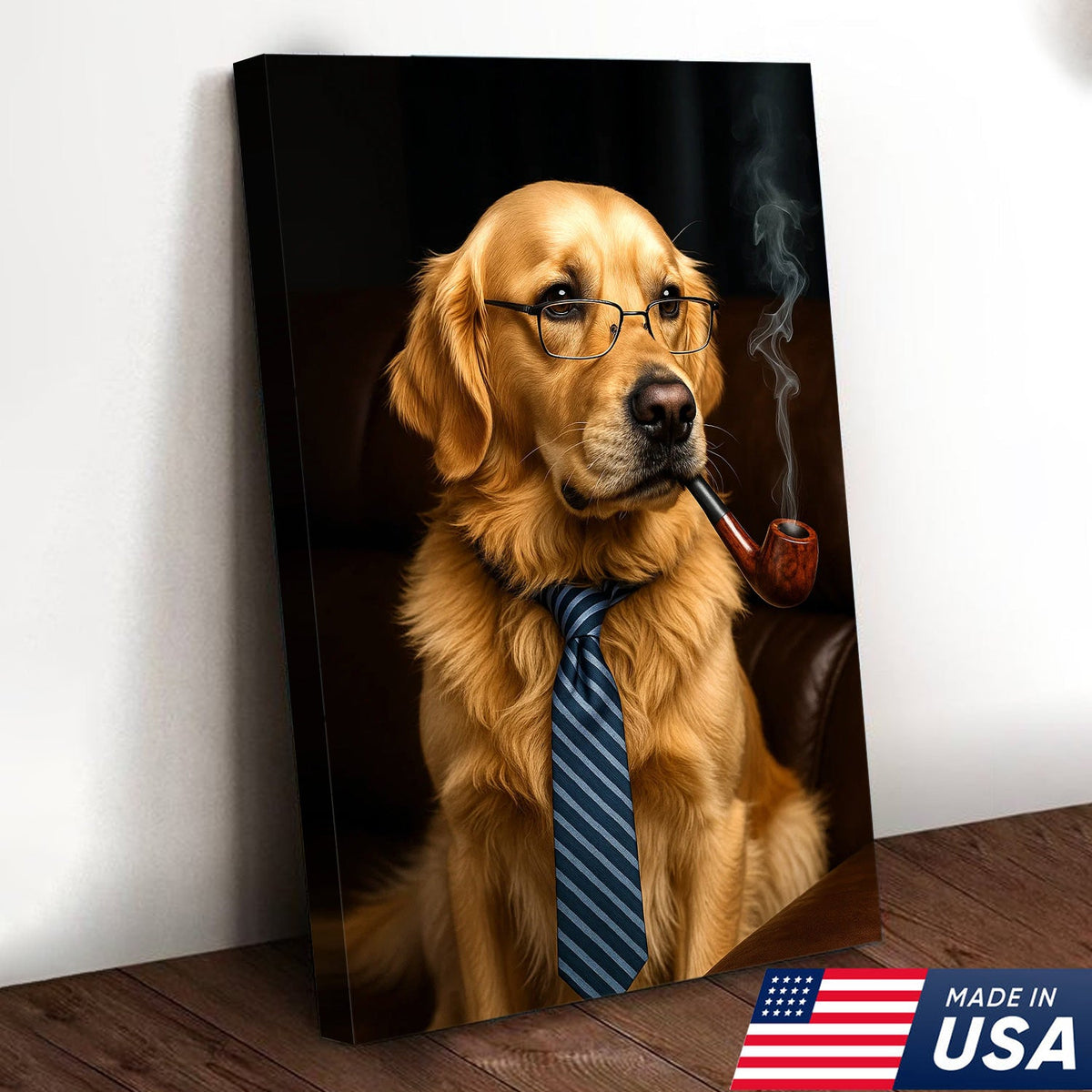 Gentleman Dog Canvas Art – Golden Retriever in Glasses & Tie with Pipe
