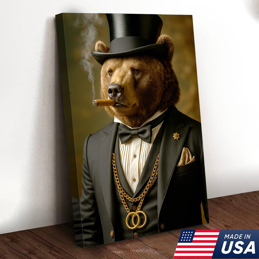 Bear Gentleman Wall Art Canvas – Fancy Suit & Cigar Canvas Print for Home Bar, Man Cave Decor