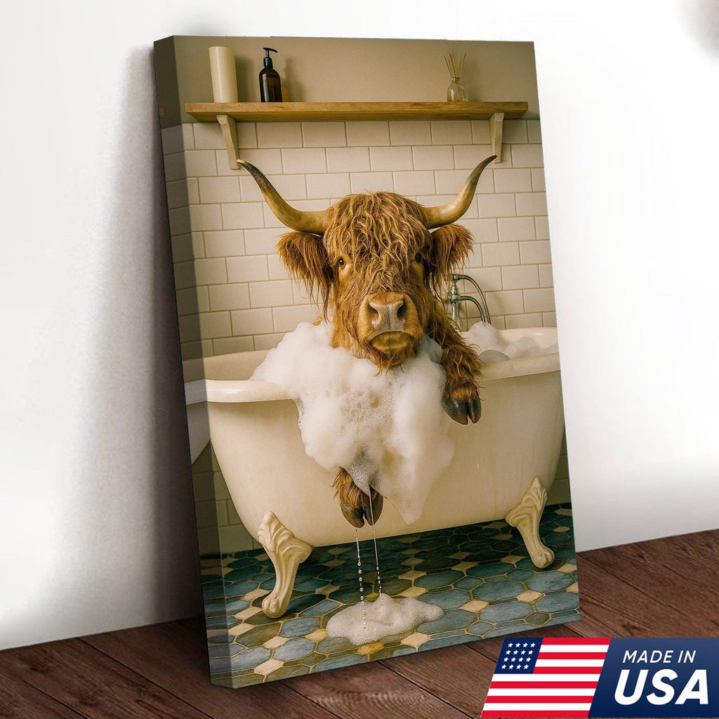 Highland Cow Bubble Bath Canvas Wall Art, Funny Farmhouse Bathroom Decor