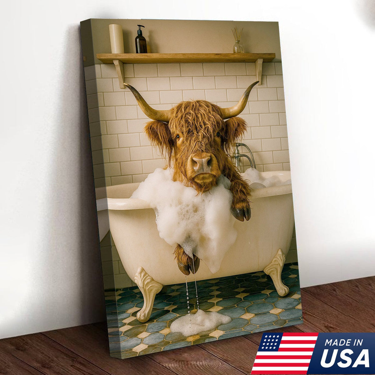 Highland Cow Bubble Bath Canvas Wall Art, Funny Farmhouse Bathroom Decor