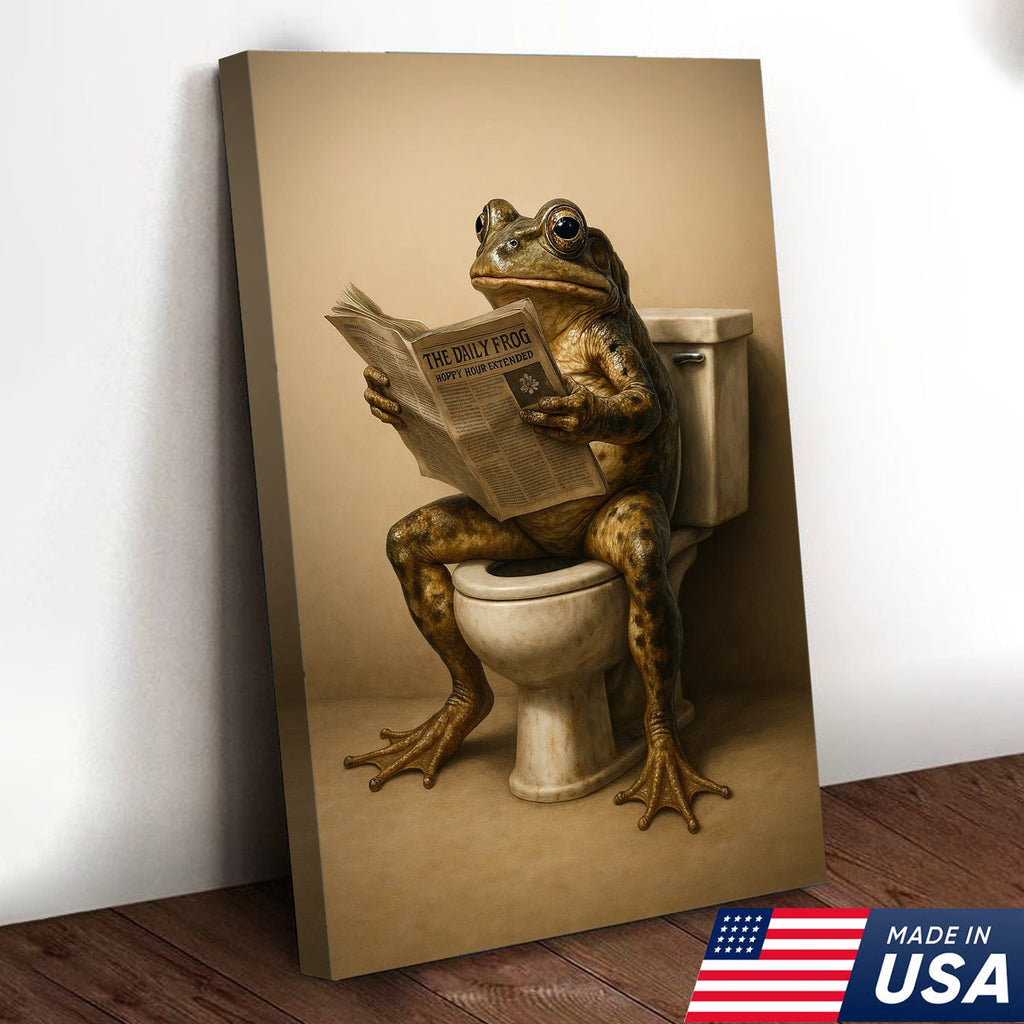 Funny Frog Bathroom Canvas Wall Art, Frog Reading Newspaper on Toilet