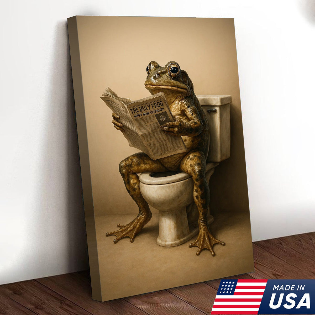 Funny Frog Bathroom Canvas Wall Art, Frog Reading Newspaper on Toilet