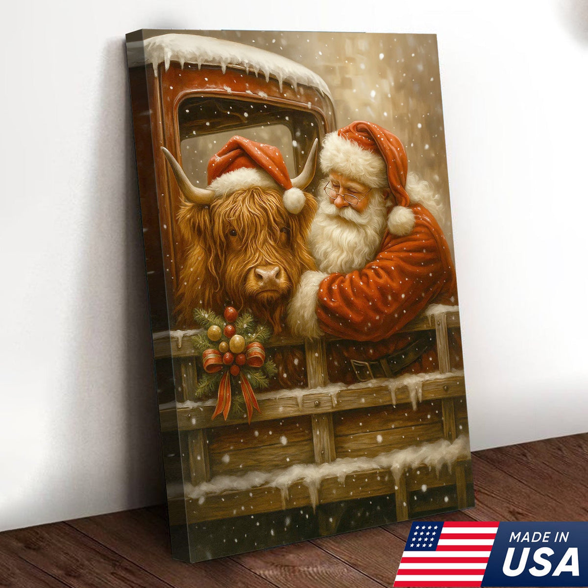 Santa and Highland Cow Christmas Canvas Wall Art, Rustic Farmhouse Holiday Truck Print