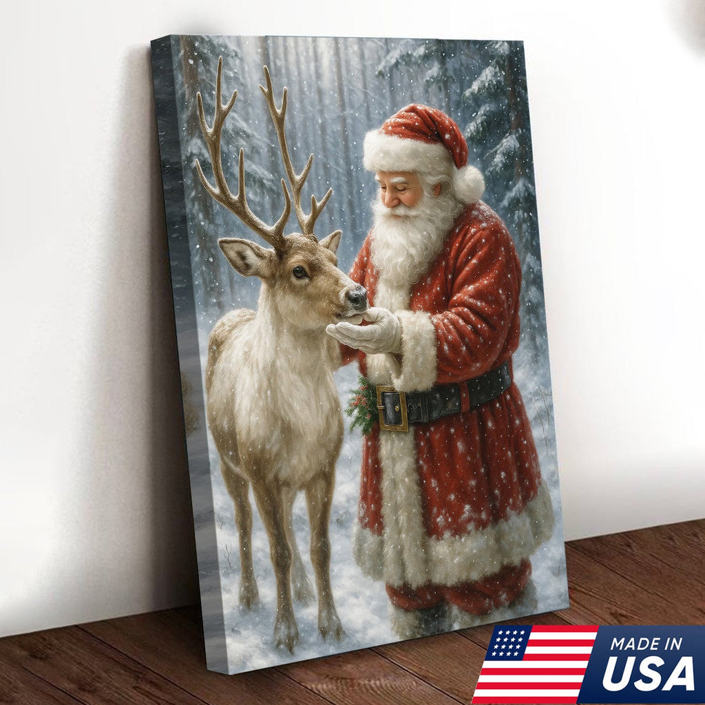 Santa and Reindeer Christmas Canvas Wall Art, Rustic Snowy Forest Holiday Print