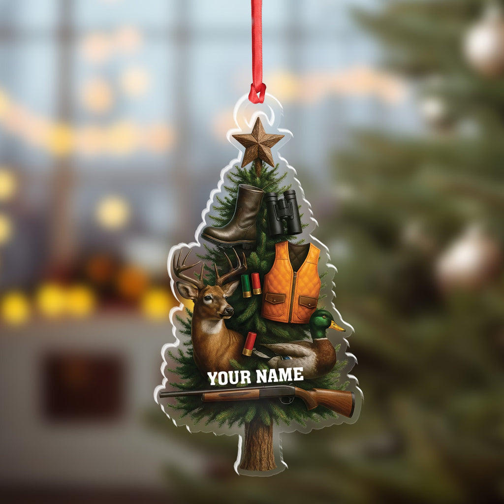 Custom Name Hunting Christmas Tree Ornament, Deer & Duck Hunter Decor, Personalized Outdoorsman Gift