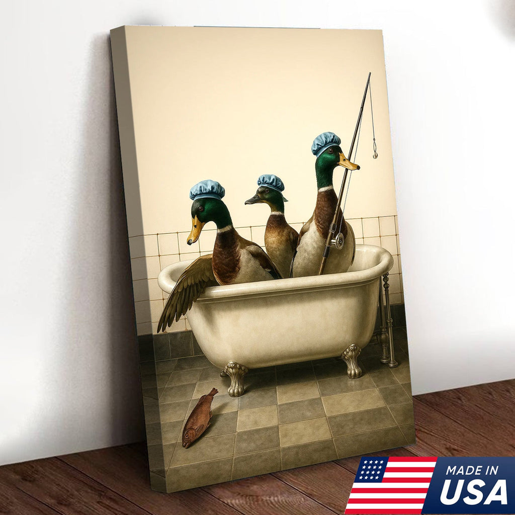 Fishing Ducks Canvas Art – Funny Trio of Ducks in Bathtub with Rod