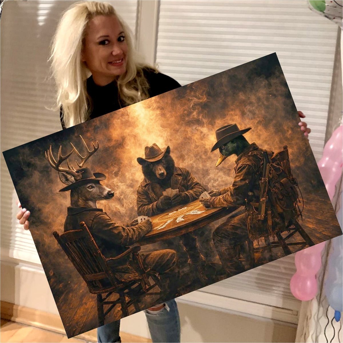 Wild West Animal Poker Canvas Wall Art – Deer, Bear and Duck Cowboy Card Game Print