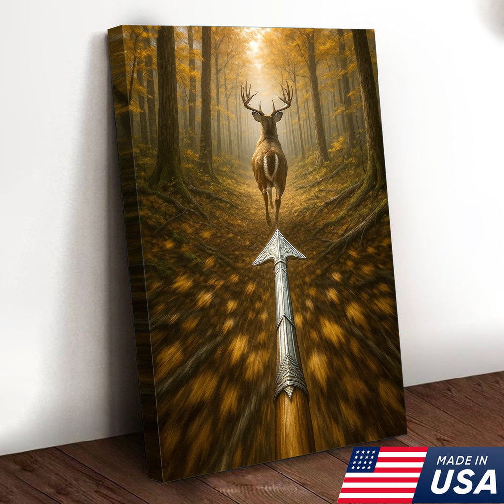 Deer Bow Hunting Canvas Wall Art, Arrowhead Forest Scene Artwork, Rustic Cabin Decor for Hunters