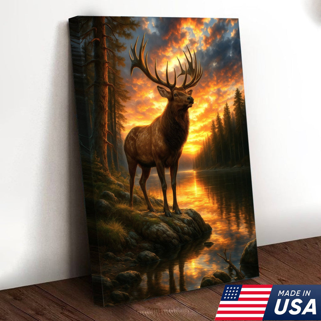 Majestic Elk at Sunset By The Lake Canvas– Wildlife Wall Art for Cabin, Lodge & Nature Lovers