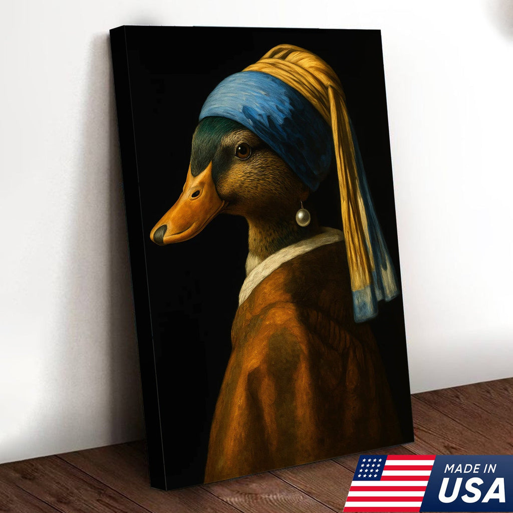 Duck with Pearl Earring Portrait Canvas, Funny Parody Duck Wall Art