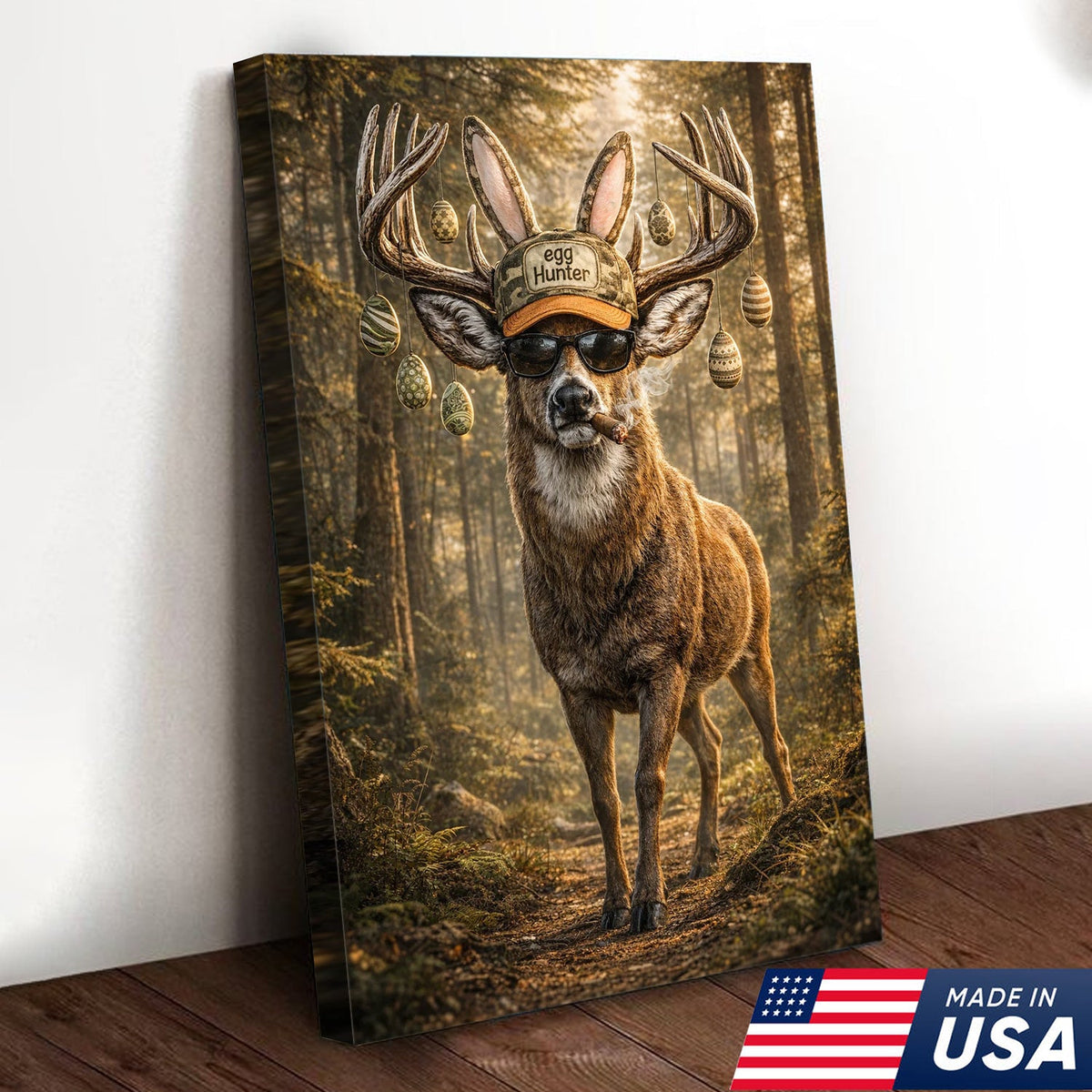Funny Easter Deer Canvas Wall Art, Cool Egg Hunter Buck with Sunglasses